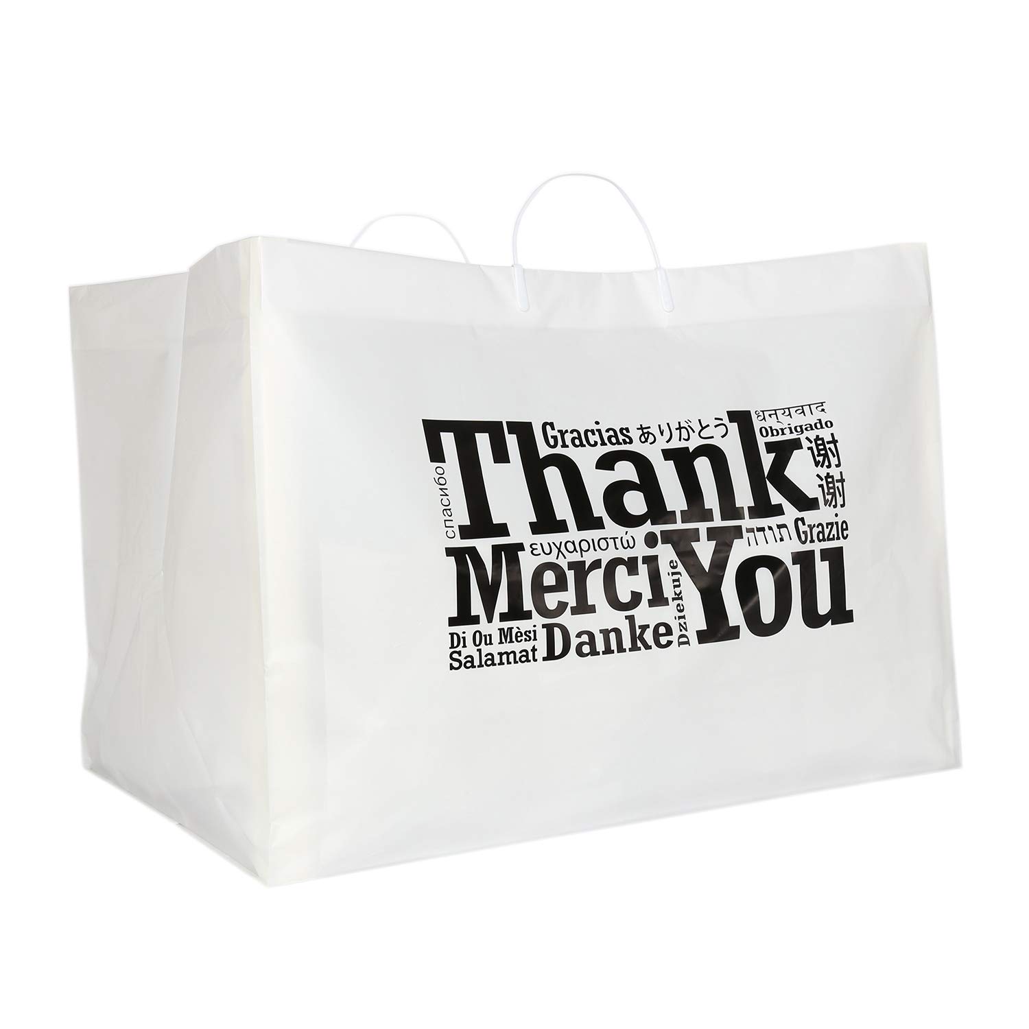 Royal Recyclable Plastic Shopping Bags with Rigid Handles, 22 x 14 x 15 Inches, Multilingual "Thank You" Design, Case of 50