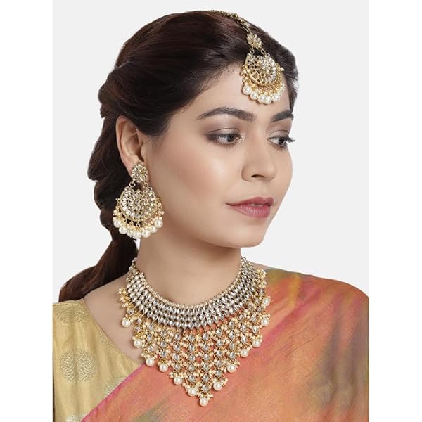 Aheli Indian Traditional Ethnic Bollywood Kundan Necklace Earrings and Maang Tikka Set Jewelry for Women - Image 3