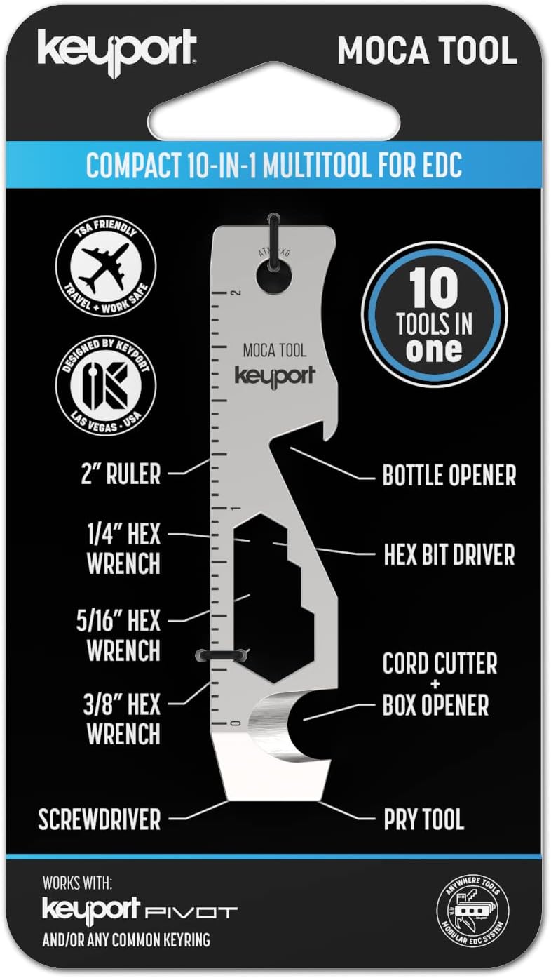 Keyport MOCA 10-in-1 Keychain Multitool (Stainless) | EDC Multi Tool: Pry Bar, Bottle Opener, Screwdriver, Box Opener, Cord Cutter & More | TSA Key Tool | EDC Gear | For Key Organizer & Key Chain