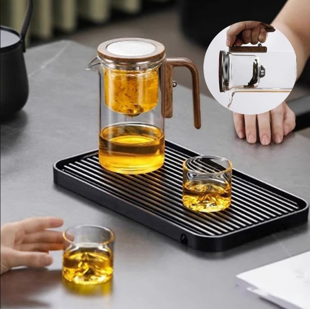 Water Separation Glass Teapot with Wooden Handle, Witchcraft Teapot, Magical Teapot with Infuser, Press Control Magical Teapot Glass, Glass Teapot, Magnetic Filter Teapot with Dual Infusers (720ml)
