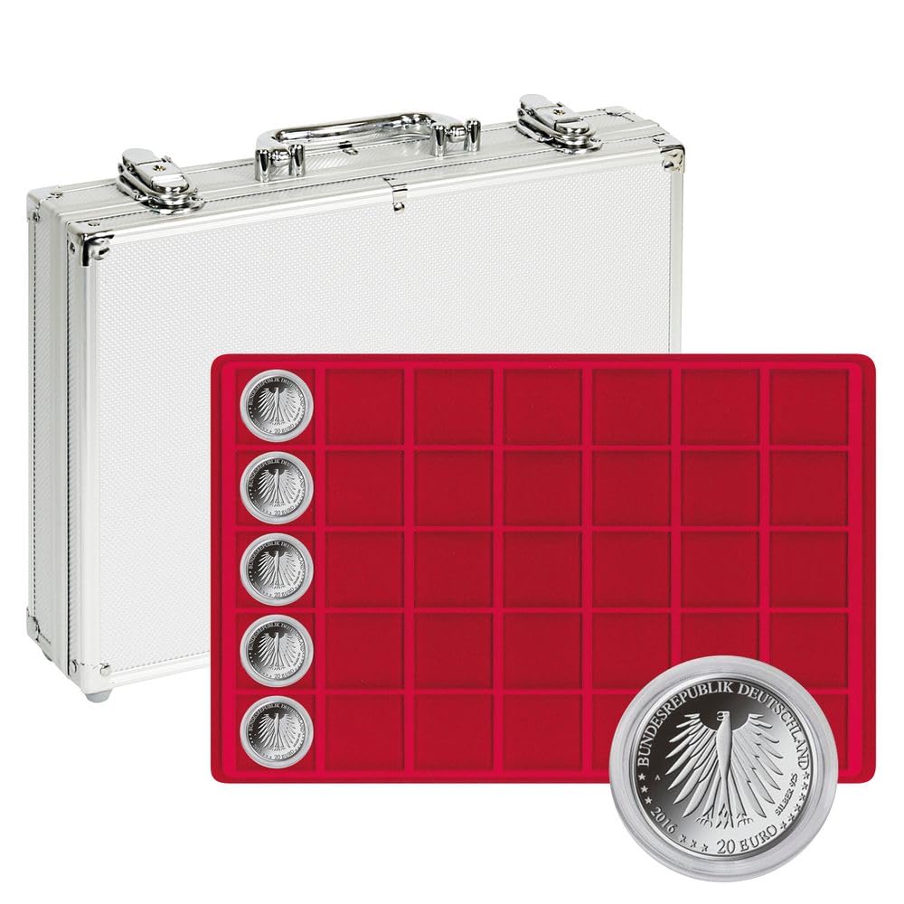 LINDNER Das Original Aluminium Coin Case with 5 Red Coin Trays for 175 Coins or Coin Capsules up to 39 mm Diameter