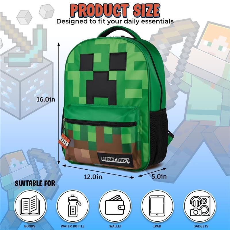 Image of AI ACCESSORY INNOVATIONS Minecraft Backpack for Boys & Girls, Big Face Creeper School Bag with Front Pocket, TNT Rubber Molded Dangle, Green