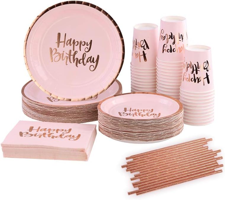 Ottin 250PCS Pink Rose Gold Happy Birthday Party Supplies Set – Disposable Plates, Cups, Napkins, Straws for 50 Guests – Elegant Foil Tableware for Women’s Birthday Holiday Parties