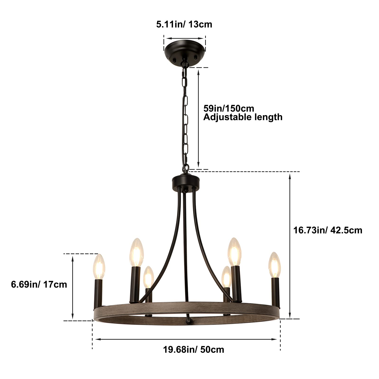 WBinDX Wagon Wheel Chandelier Diam 20'', 6 Lights Round Farmhouse Chandeliers Black Rustic Candle Dining Room Light Fixture Hanging for Kitchen Island Foyer Living Room Entryway