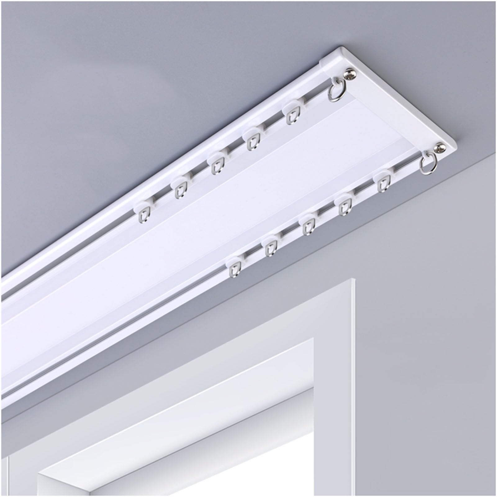Riel para cortinas ultradelgado de aluminio blanco en 2 capas para ducha, 500 cm