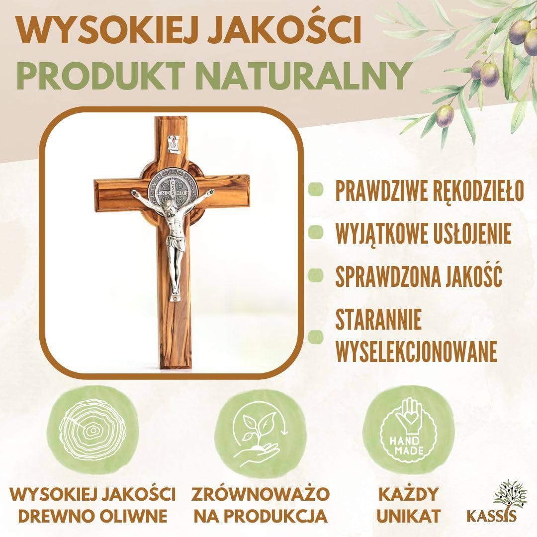 KASSIS ręcznie robiony krucyfiks św. Benedykta - 20 cm krzyż ścienny z drewna oliwnego - trwały prezent na bierzmowanie, komunię i chrzest - dekoracja religijna, błogosławieństwo domu