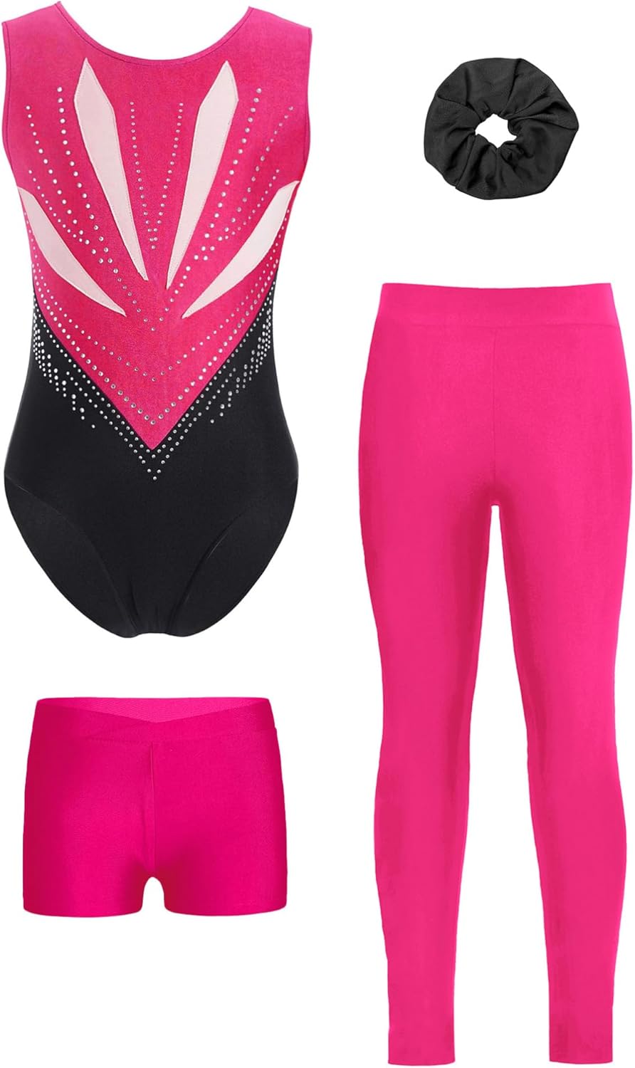 Inhzoy Mädchen Turnanzug Set - Trikot Mit Leggings & Shorts Für Gymnastik