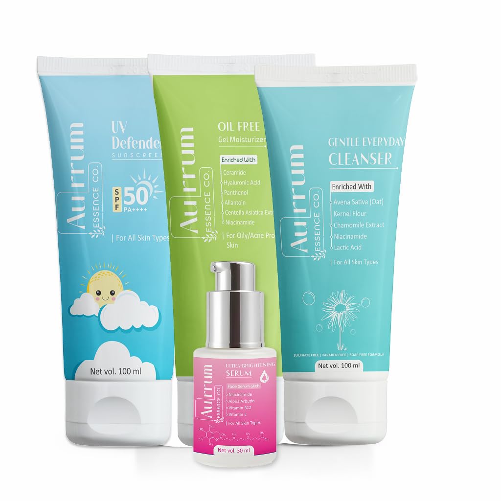 Aurrum Complete Daily Skincare Combo | Gentle Cleanser 100ml + Ultra Brightening Serum 30ml + Oil-Free Gel Moisturizer 100ml + SPF 50+ PA++++ Sunscreen | Hydration, Brightening & Sun Protection-image-13