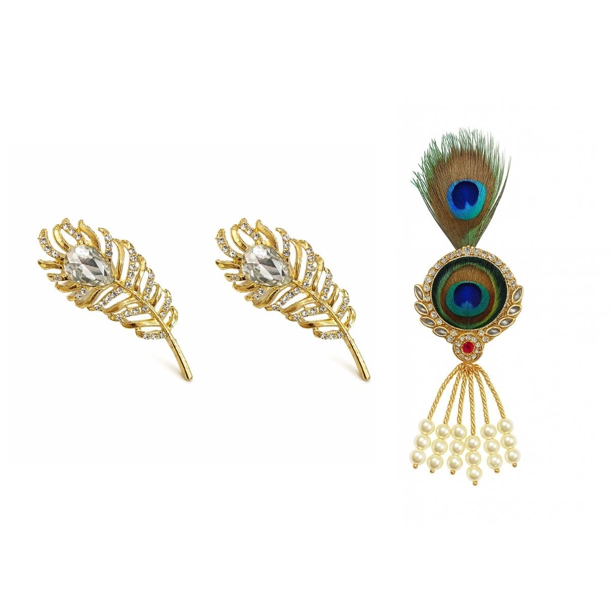 Designer Brooch Pin Combo Set for Women & Men | Crystal Feather Lapel Accessory with Peacock Pearl Ornament | Gold Tone Decorative Saree, Blazer, Shawl, Suit Styling Jewelry | Pack of 3-image-28