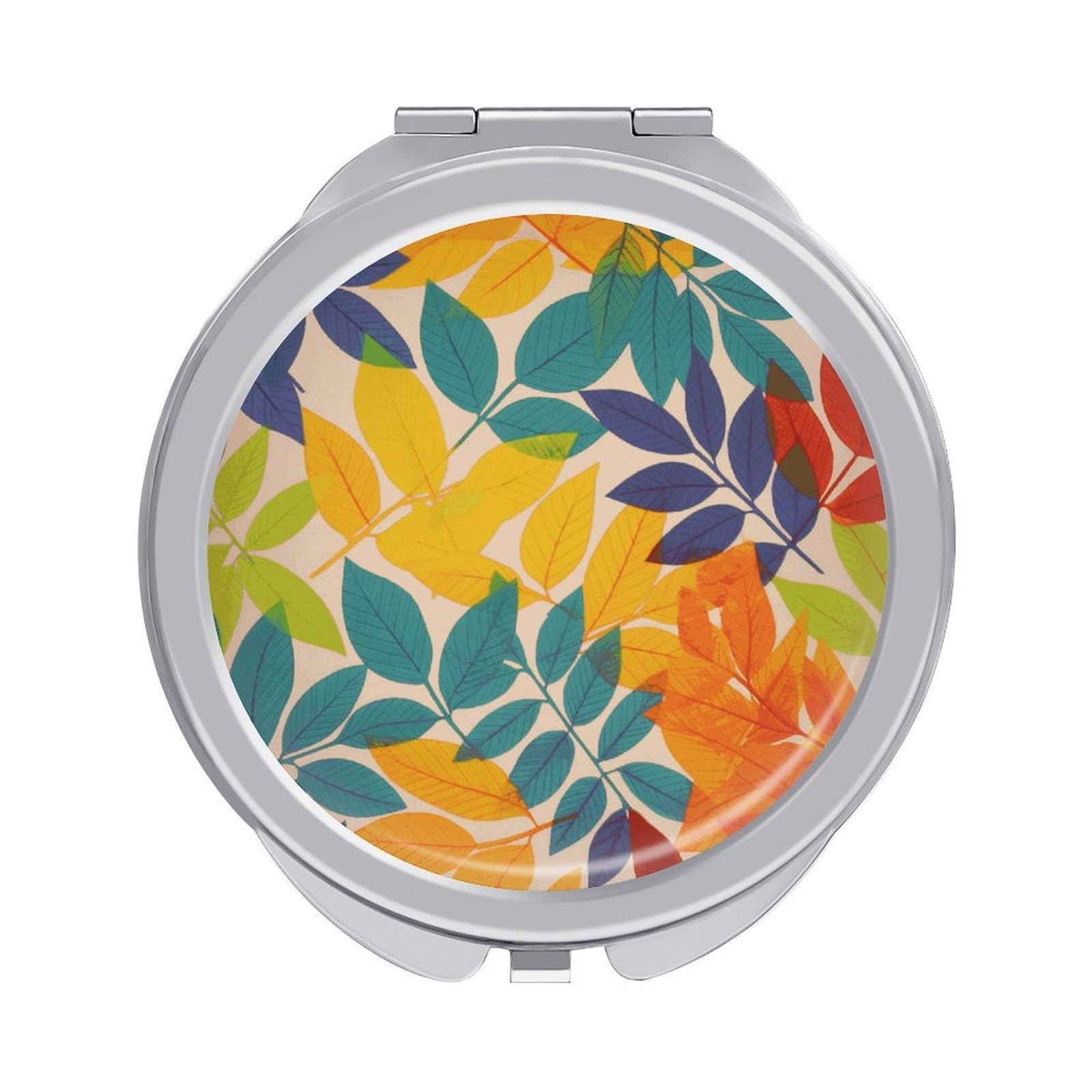 Fekiloot Style Multicolor Leaves Travel Makeup Mirror Handheld Compact Mirror Portable Pocket Mirror Double-Sided 1X/2X Magnifying For Handbag And Purses