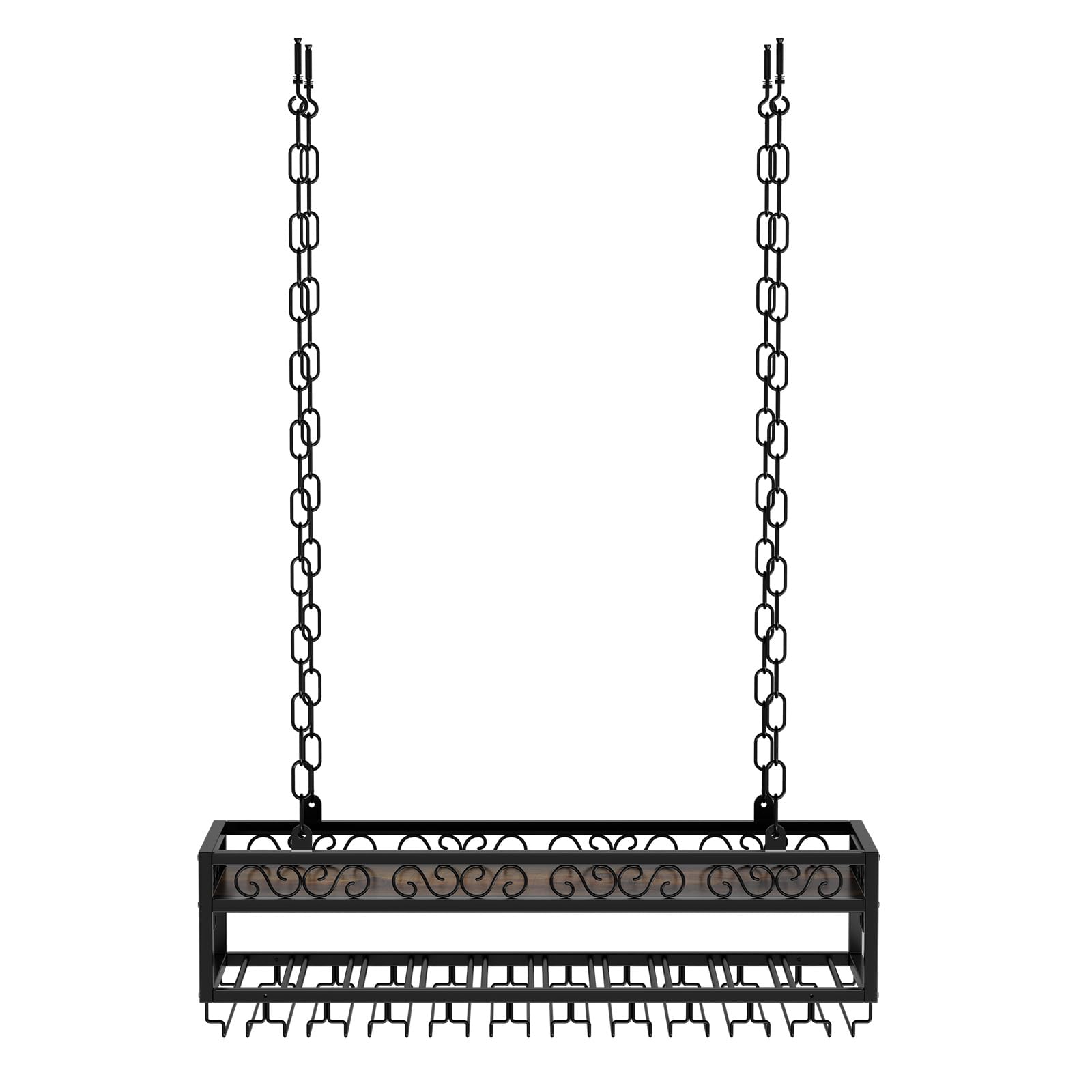 Estantería de techo para vino, altura ajustable, con soporte de cristal y cadena de hierro, 2 capas, estilo industrial, para bares, restaurantes, cocinas, cafeterías