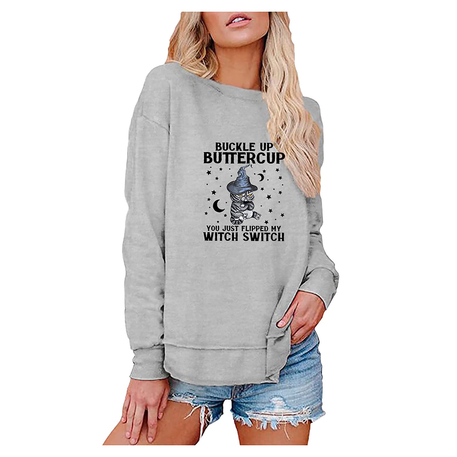 TREBIN Women Round Neck Long Sleeve T-Shirt Solid Color Loose Top