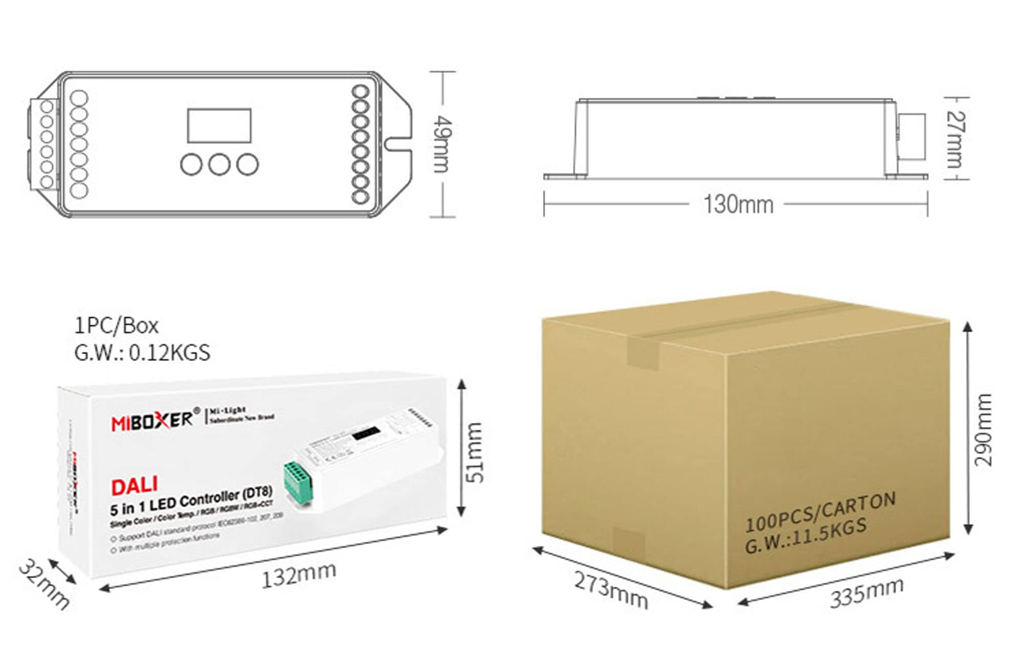 Controller 5 in 1 (DT8) DALI Signal or Push Dimming 12/24 V fino a 15 A, CCT, RGB, RGBW, RGB+CCT