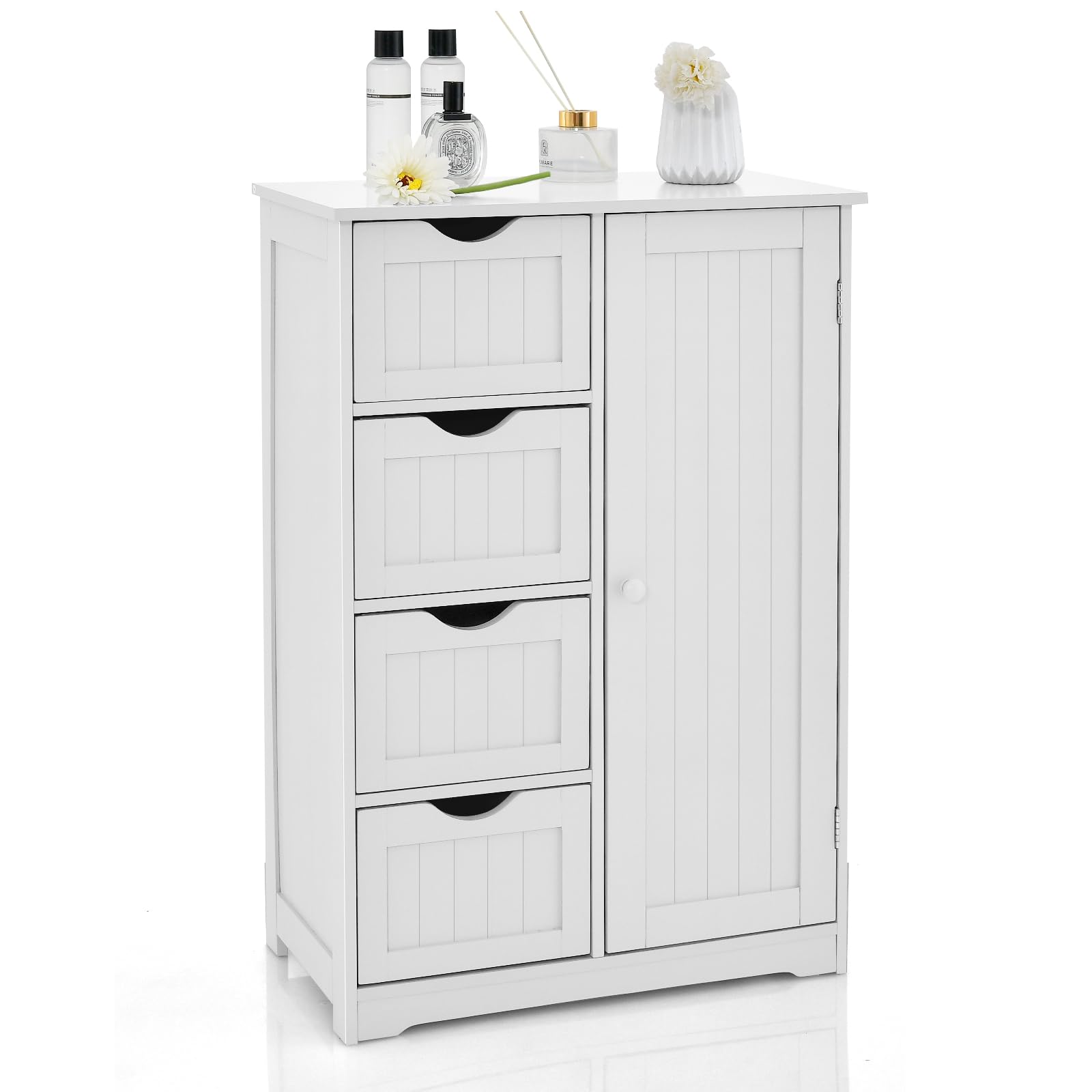 COSTWAY Badezimmerschrank mit 4 Schubladen und 1 Tür – verstellbare Ablage, magnetischer Türverschluss, Kippsicherung, 55 x 30 x 81 cm, Weiß