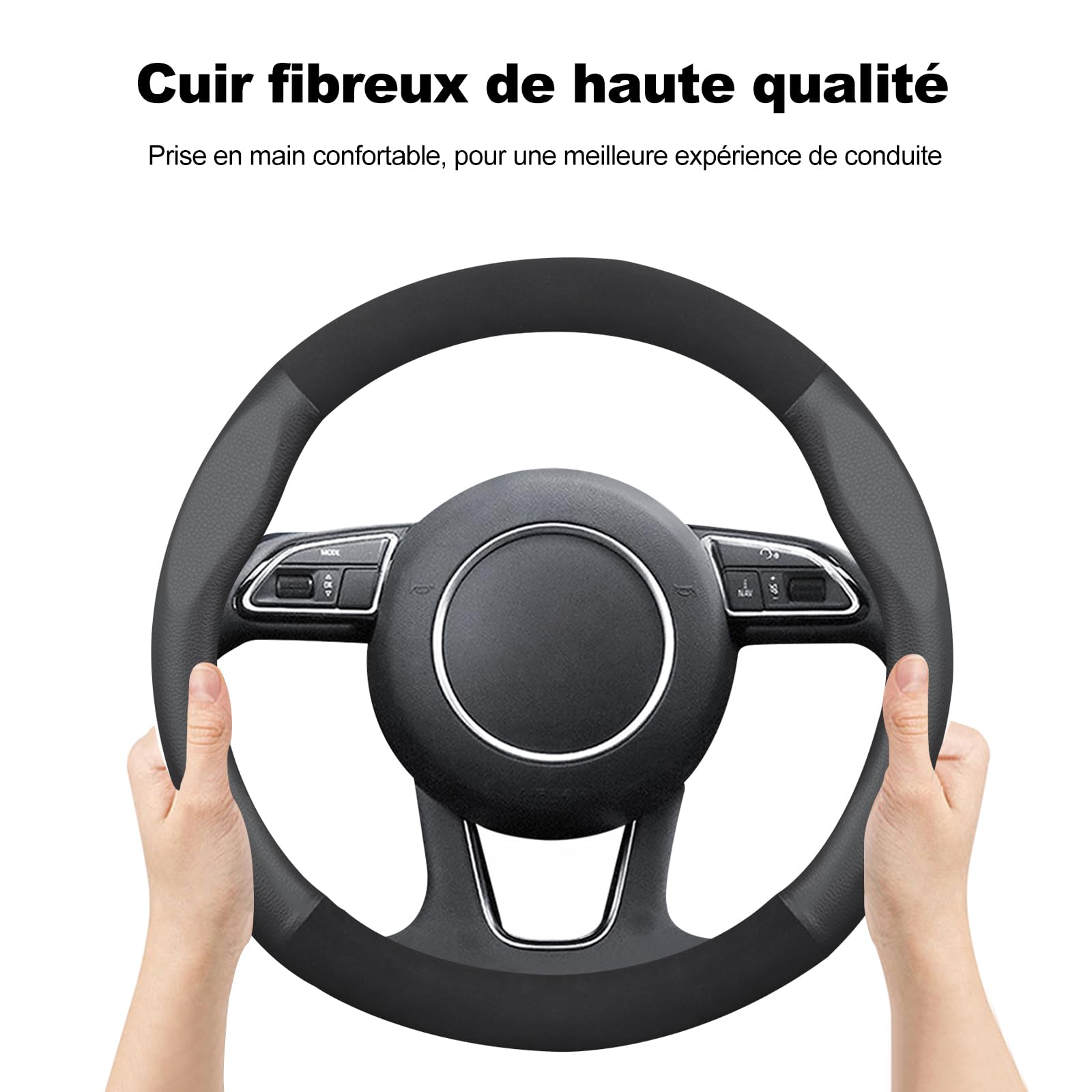 Ergocar Housse Volant Voiture Ronde en Cuir Microfibre Trous d'Aération Antidérapants Et Dérapant 38 Cm / 15 Pouces pour Hommes Et Femmes Accessoires Intérieurs De Voiture