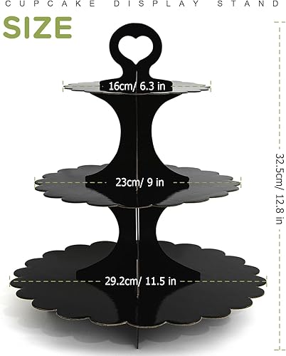 Miniatura 6 de Soporte para cupcakes de 3 niveles, torre de exhibición de postres de cartón negro, mango de corazón con borde festoneado, para boda, cumpleaños,