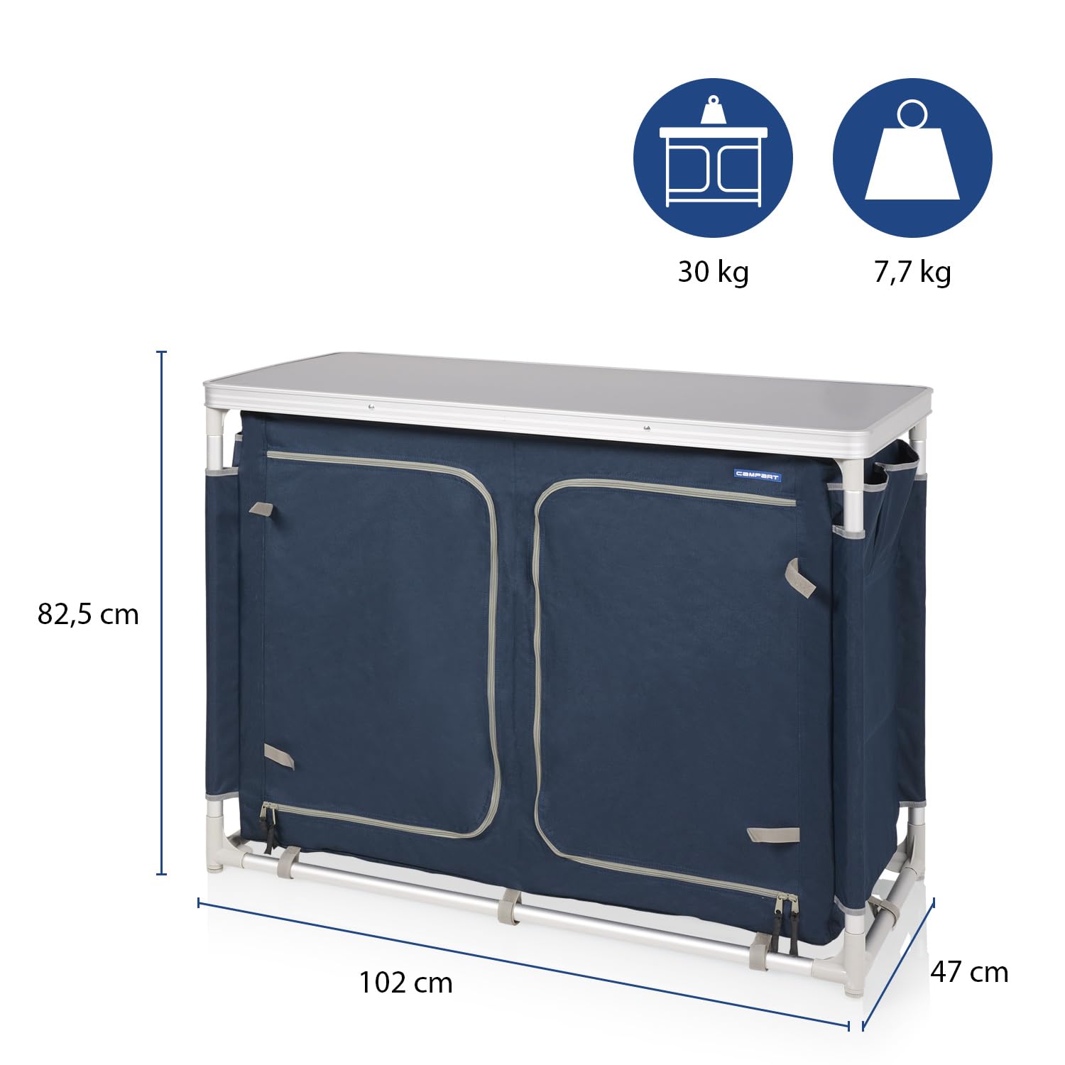 Campart Credenza da campeggio Bilbao 2 compartimenti 3 ripiani 4 tasche laterali piedi regolabili borsa da trasporto Blu