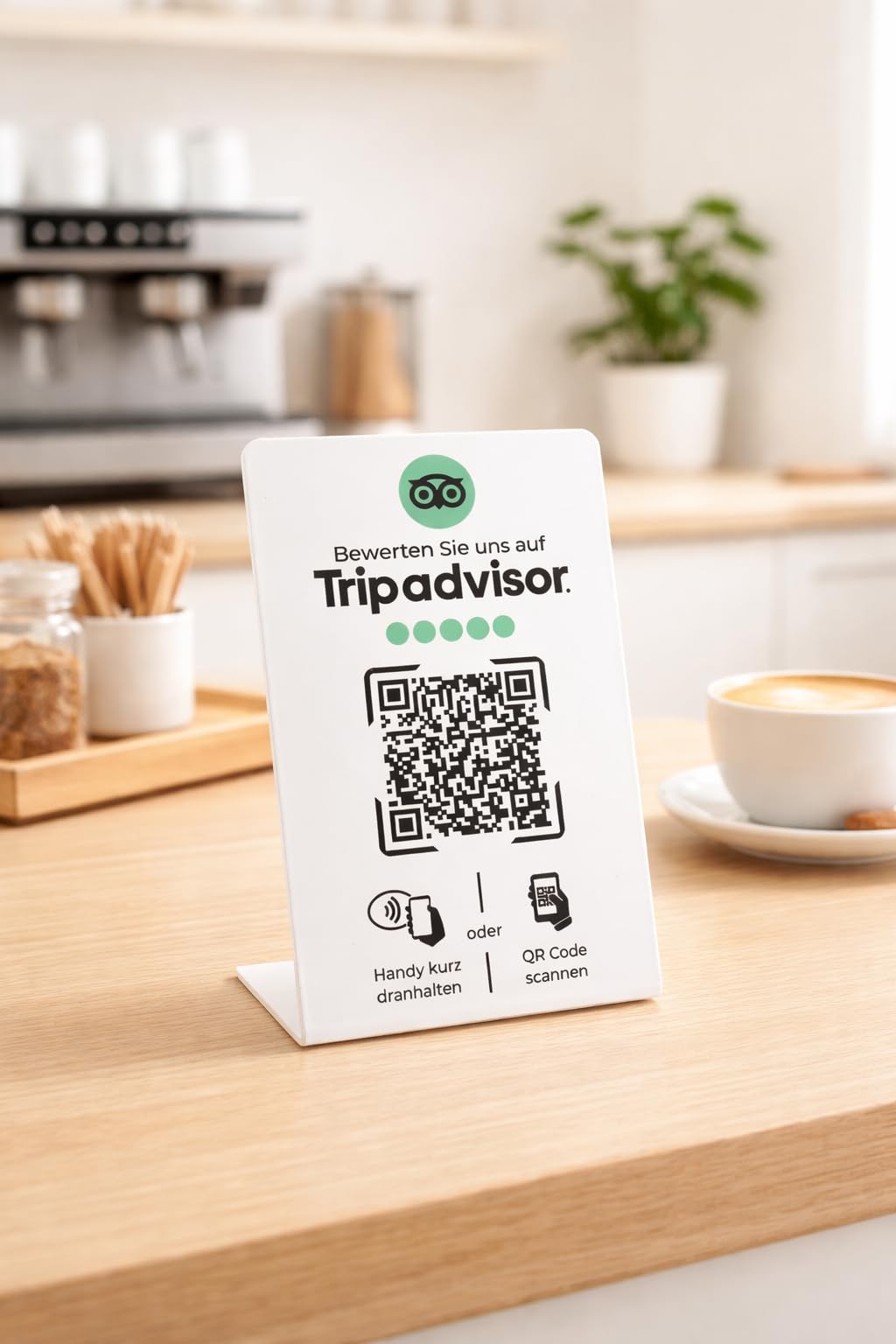 Aufsteller/Schild für Tripadvisor Bewertungen mit QR-Code und NFC (16,5 x 10,5 cm) - Deutsch