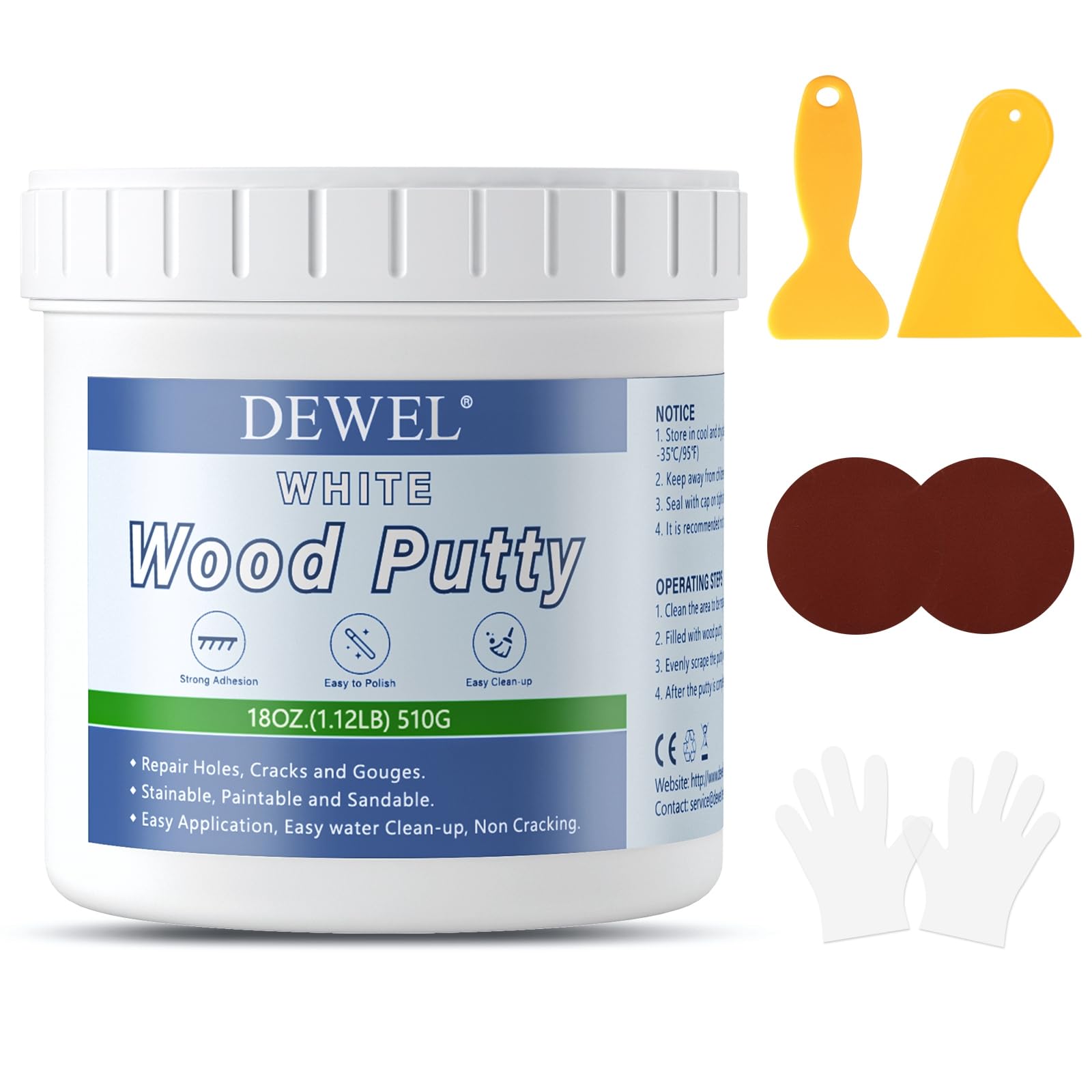 DEWEL Wood Putty, White Wood Filler Putty, 18 Ounce Wood Filler Paintable, Stainable, Premium Wood Furniture Repair Kit Quickly Restore Wood Holes and
