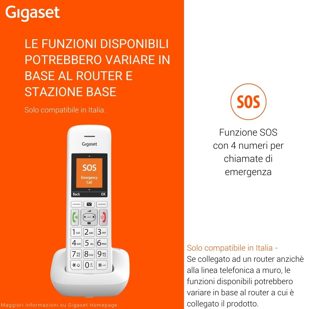 Gigaset E390 Telefono DECT, Numeri Grandi, Suonerie Forti, Bianco | Esclusione suoneria fasce orarie, [Versione Italiana]