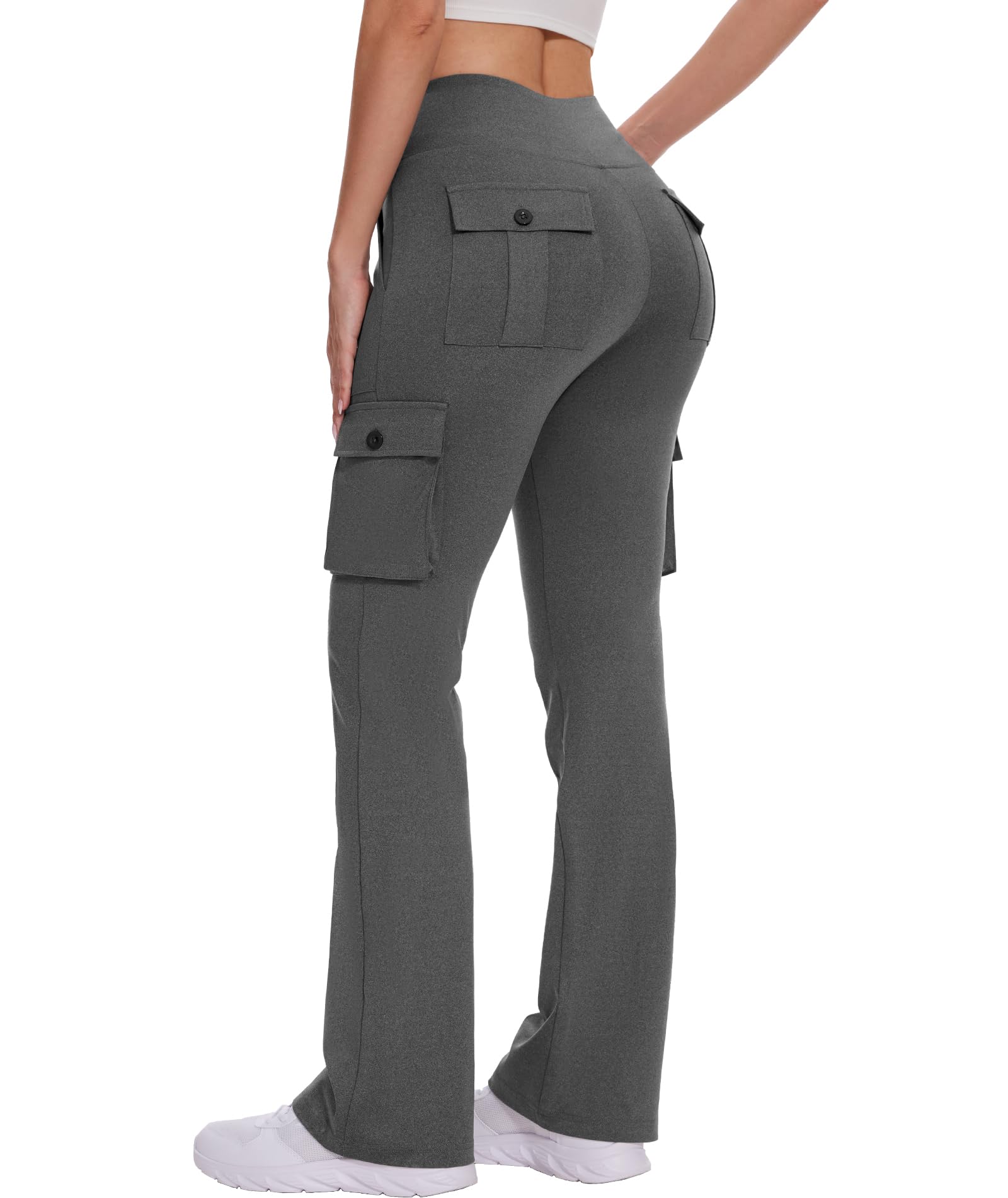 Yoga Flare Leggings for Women High Waisted Yoga Casual Pants Workout Leggings Cargo with 6 Pockets Bootcut Pants,Heather Grey L