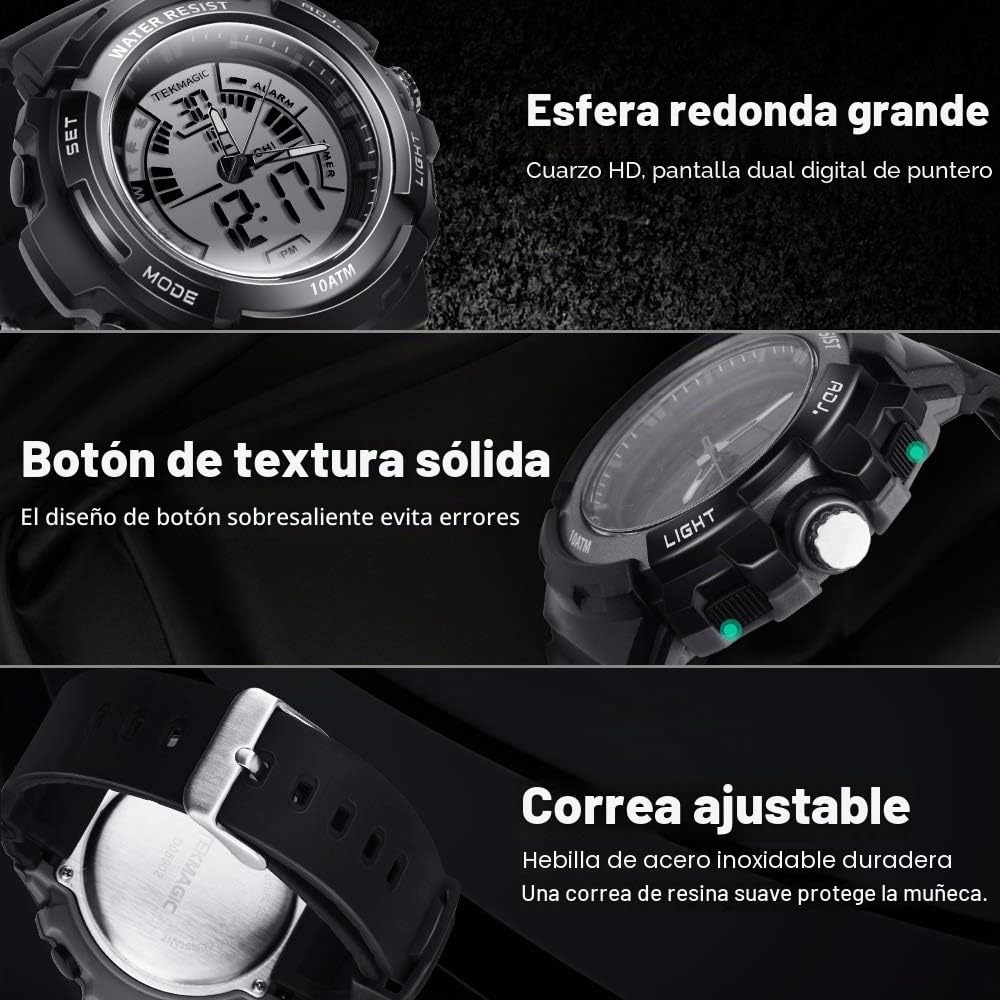 10 ATM Submarino Luminoso Reloj de Buceo Deportivo con Alarma y Funciones de Cronómetro Sumergible, Soporte la Visión de Doble Zona Horaria, Movimientos Digitales y Analógicos, Formato de 12/24 Horas