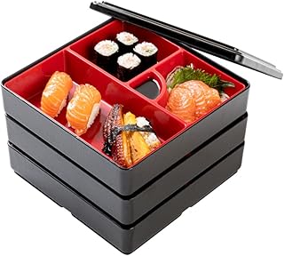 Restaurantware-8.3 x 5.9 Inch 5-Compartment Lunch Container, 1 Japanese Style Adult Lunch Container - 3 Stackable Layers, Black & Red Plastic Divided Meal Box, Greaseproof, Hot & Cold Food