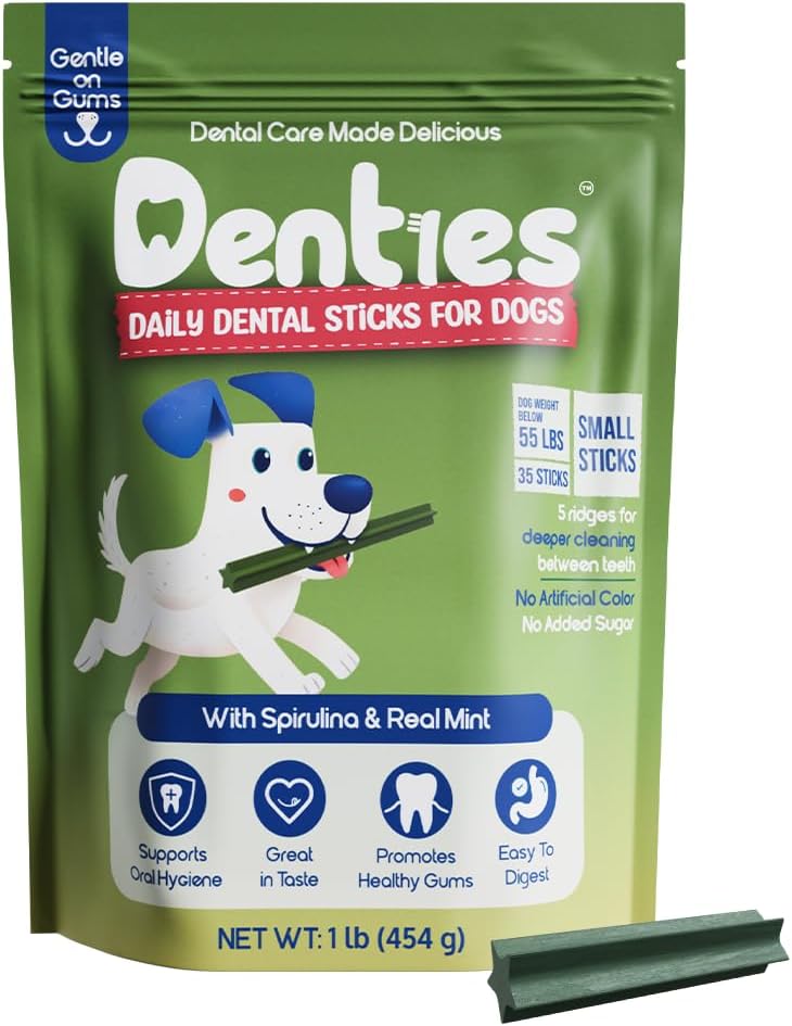 Dental Chews for Dogs–Dental Sticks for Small Dogs(Up to 22lbs), Dog Dental Treat Cleans Teeth, Freshen Breath, Reduce Plaque Tartar, Chicken Spirulina & Mint Recipe, 16 oz Pack, 35 Treats
