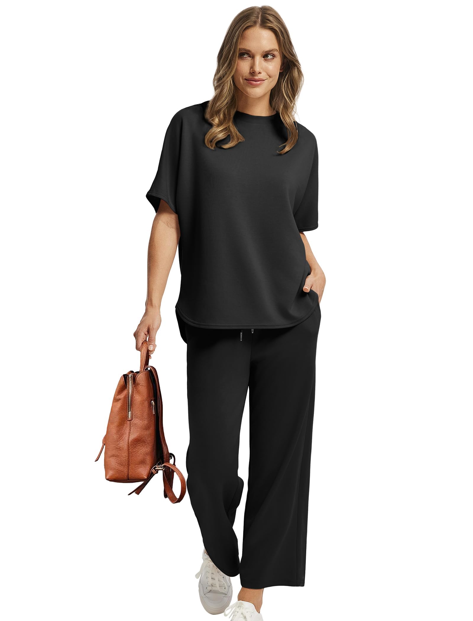 Desol Tenue d'été 2 pièces pour femme, ensemble de survêtement à manches courtes et pantalon de jogging, pantalon capri à jambes larges pour les loisirs, la maison et les voyages
