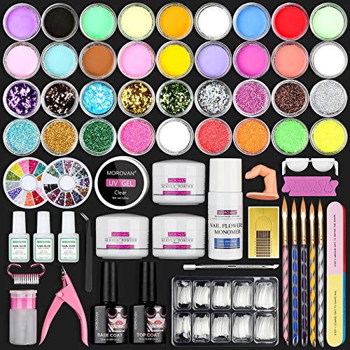Morovan Acrylic Nail Kit Glitter Acrylic Powder Monomer Liquid Set - Professional Acrylic Nail Supplier with Clear French Nail Tips Acrylic Nail Art Decoration Tools Professional Manicure Set