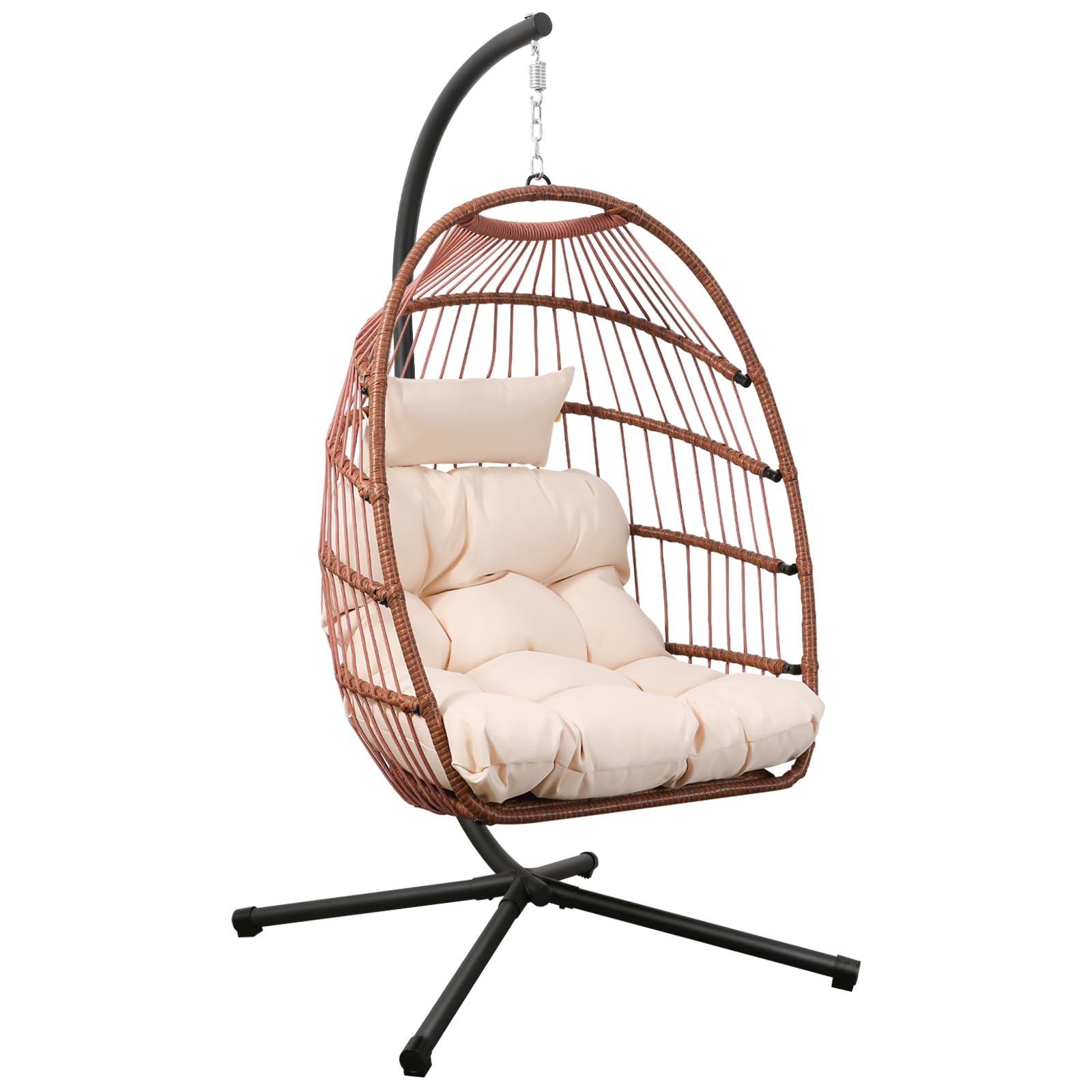Goutime Hanging Egg Chair with Stand and Waterproof Cover, Foldable Egg Swing Chair with UV Resistant Cushion 450lbs Capacity for Indoor Bedroom Outdoor Garden Backyard (Reddish Brown)