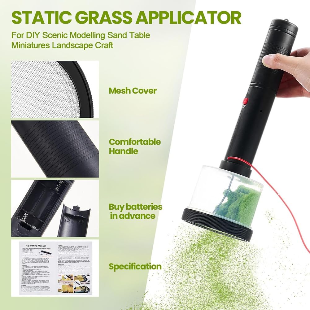 Aplicador de Césped Estático con Antideslizante y 4 X 60 G de Césped de Colores para Modelismo Ferroviario, Paisajismo y Manualidades.