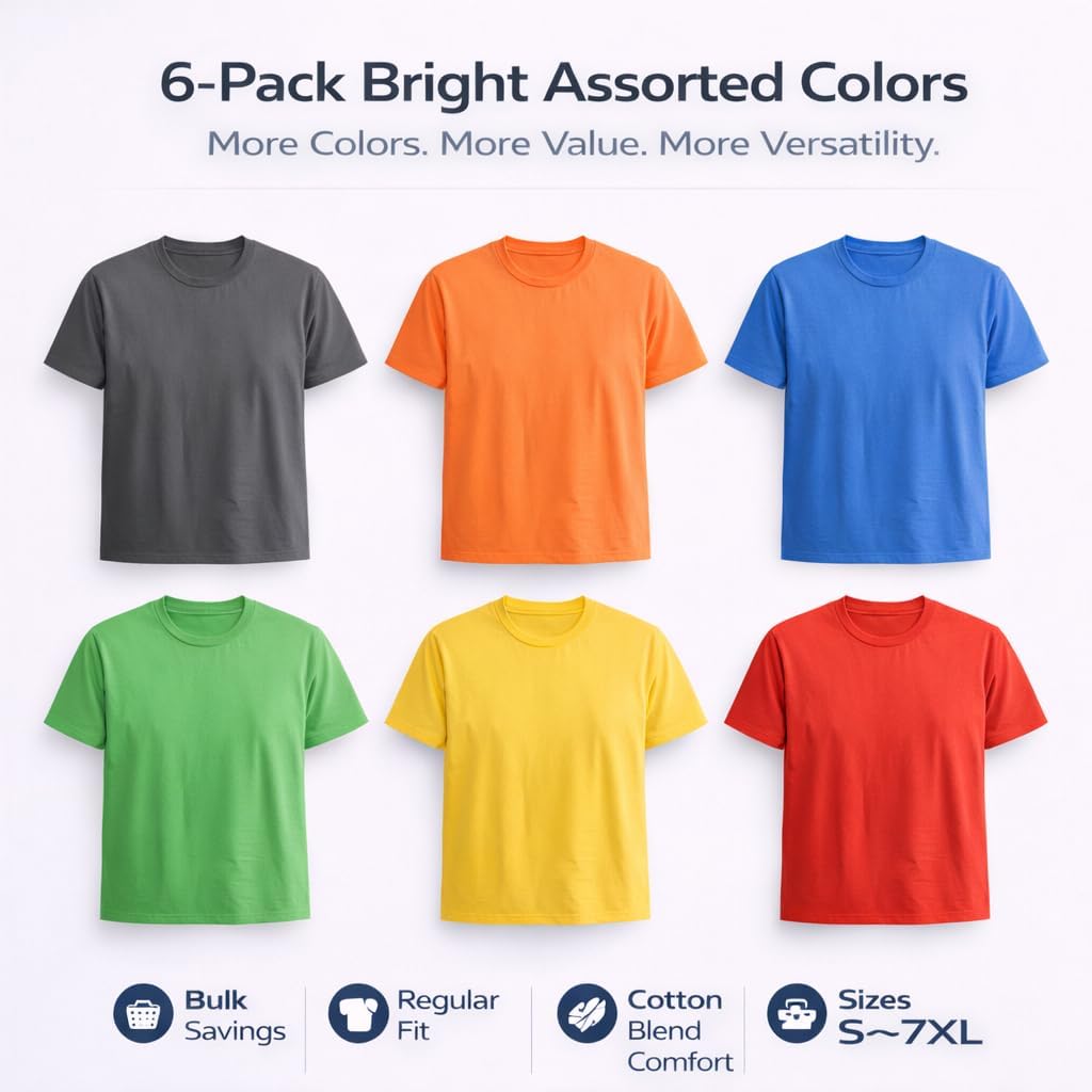 BILLIONHATS 6 Packs of Bulk Men's T-Shirts Eversoft Cotton Regular Fit Short Sleeve Crew Neck Lightweight T-Shirt Tees - Image 6