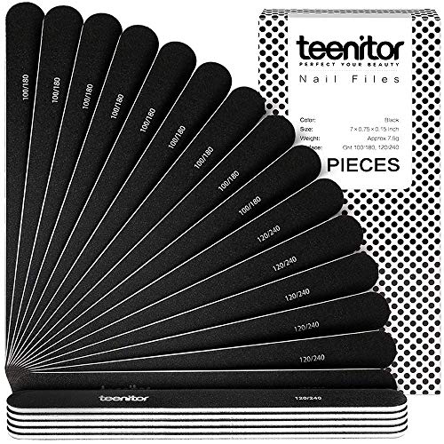 Teenitor 100/180 120/240 Grit Nail Files, 20 Packs Double Sided Washable Emery Board Professional Sanding Nail Buffering Files, Manicure Tools for Shaping Filing Polishing Nail Gels Black