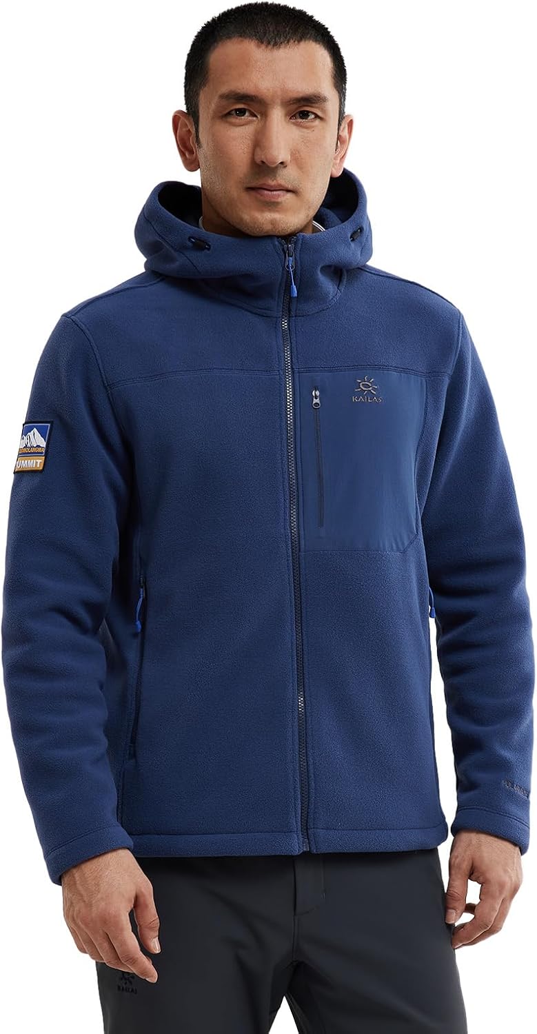 KAILAS Men's Fleece Jacket Hooded Winter Jacket Full Zip Jacket Lightweight Polar Warm Coat Pockets Outdoor Jacket