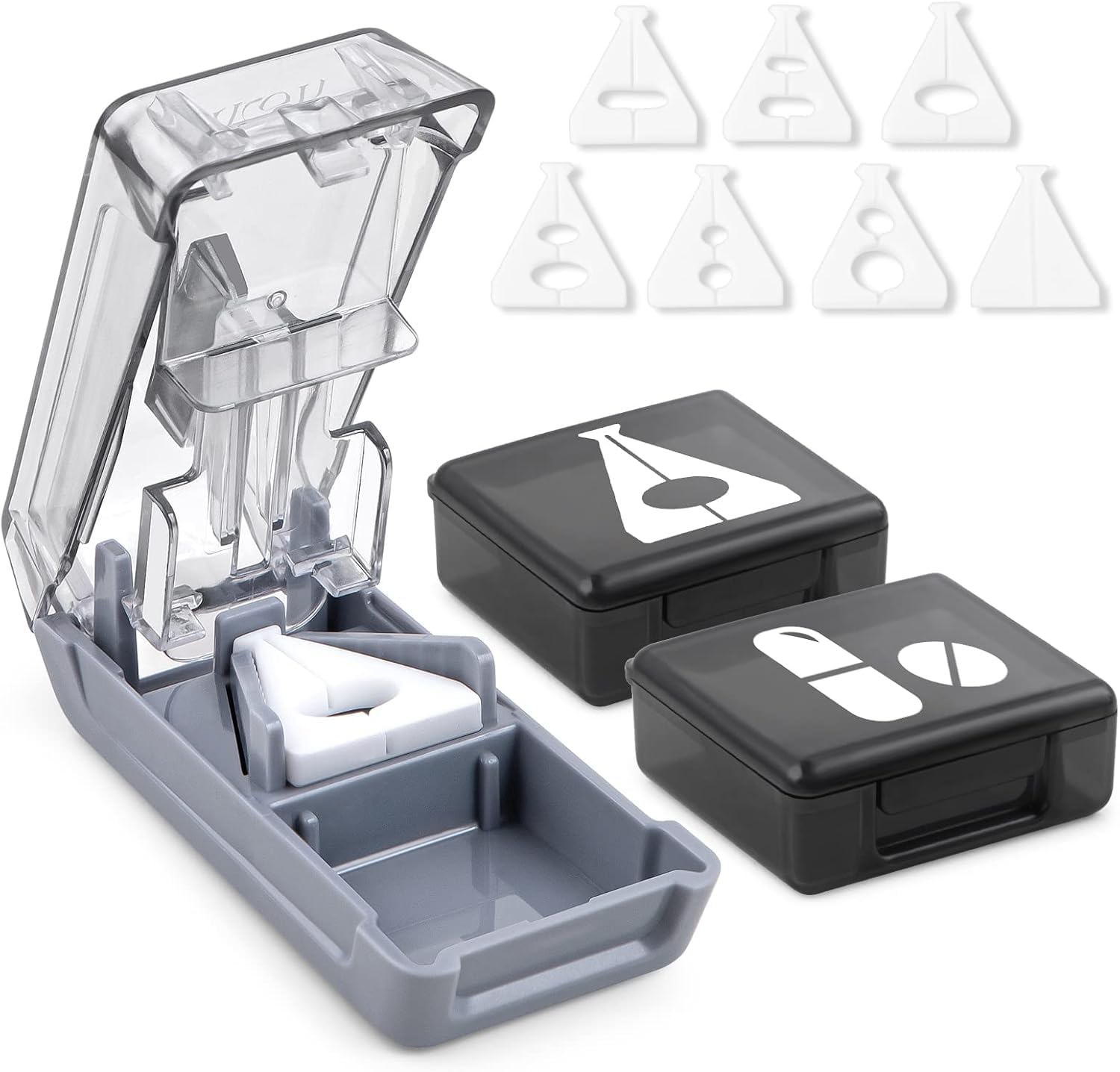 Fullicon Coupe-Comprimés avec 7 Supports en Silicone, Coupe-Comprimés pour Petits Comprimés avec Alignement Précis, Lame en Acier Inoxydable & Protection de Lame 2 Boîtes à Pilules Offertes (Gris)