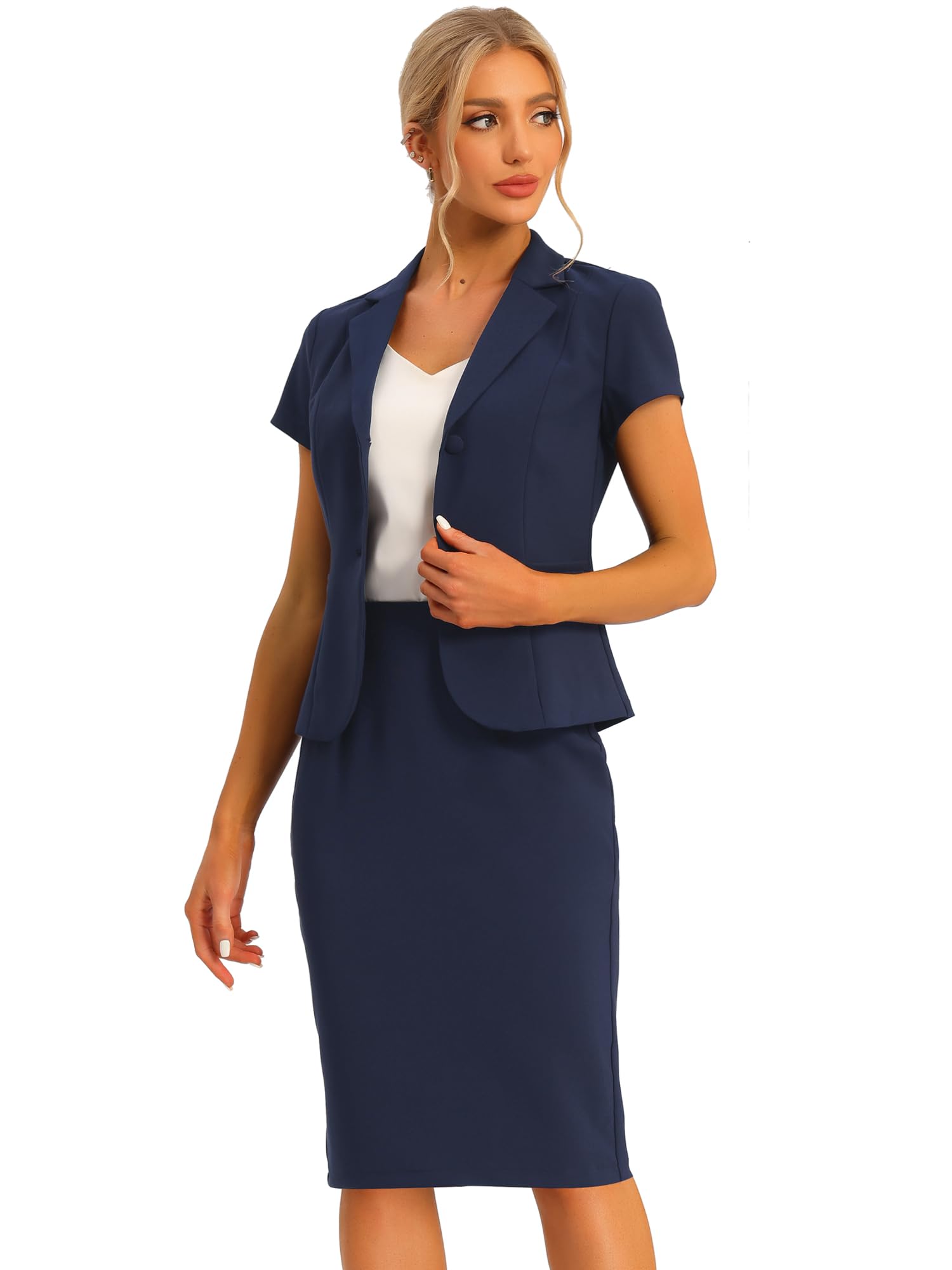 Allegra K Damen Kurzarm Elegant Business Kostüm Blazer Bleistiftrock 2-Teiliges Anzug-Set Dunkelblau XL