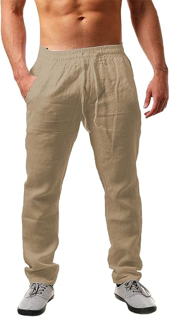 Wangdo Men's Linen Pants Summer Yoga Beach Baggy Trousers Loose Fit Straight-Legs Elastic Drawstring Waist Casual Pants
