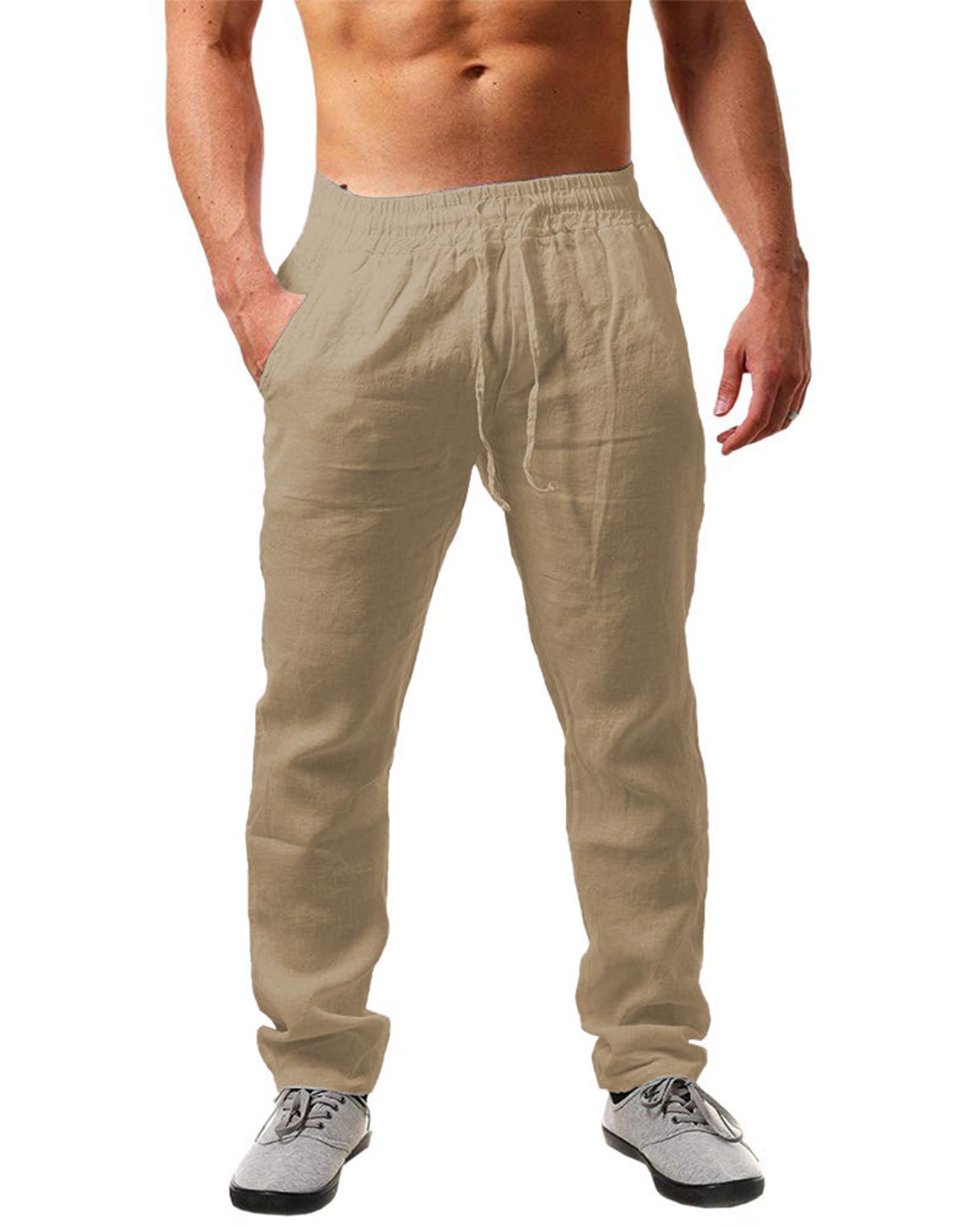 Mens Linen Pants Summer Yoga Beach Baggy Trousers Loose Fit Straight-Legs Elastic Drawstring Waist Casual Pants