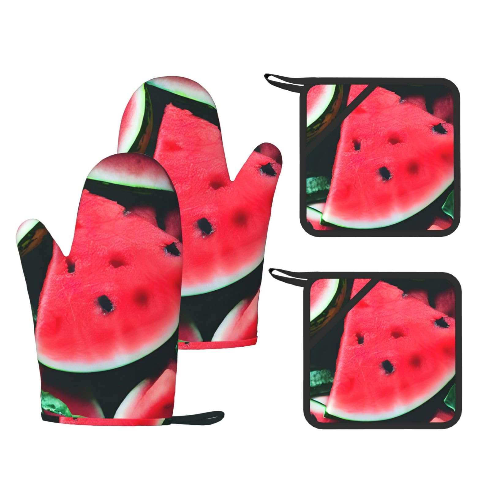 Nimongt Black Red Watermelon Print Heat Resistant Gloves Pads Reusable Kitchen Set Oven Baking Grilling Cooking