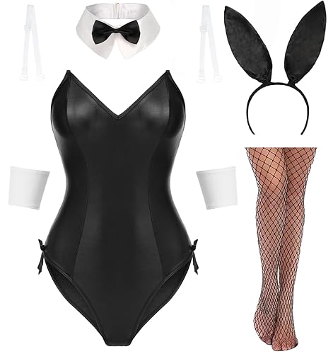 Avidlove Women Bunny Costume Lingerie Sets for Women Sexy Halloween One Piece Bodysuit Stockings Set（7-Piece Set） - XX-Large - Black