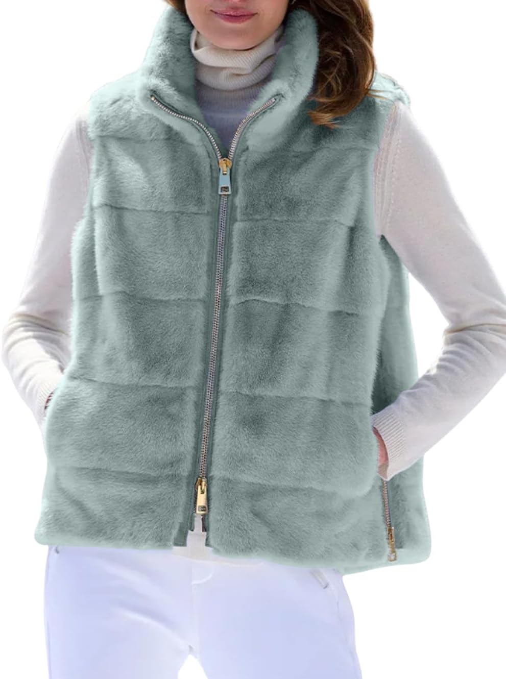 chouyatou Women's Fall Winter Faux Fur Vest Jacket Casual Zip Up Sleeveless Furry Faux Fur Coat