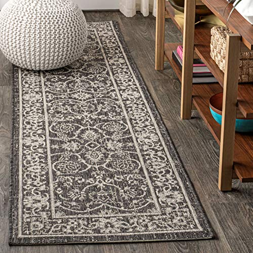 Image of JONATHAN Y Vine & Border Indoor Outdoor Runner Rug 2X10 Black /Gray, Palazzo Textured Weave for Backyard, Patio, Porch, Easy-Cleaning, High Traffic, Pet-Friendly, Non-Shedding (SMB103C-210)