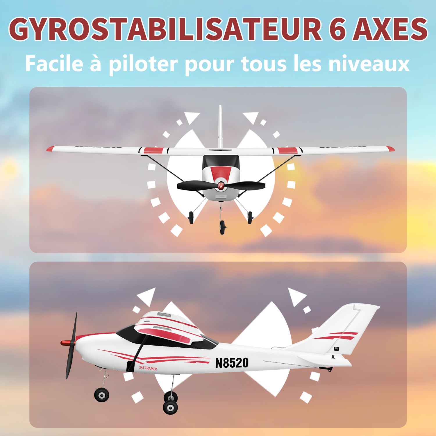 HAWK'S WORK Avion RC Cessna 530mm, Avion Télécommandé 4 Canaux RTF, Moteur sans Balais Gyro 6 Axes 3 Modes de Vol