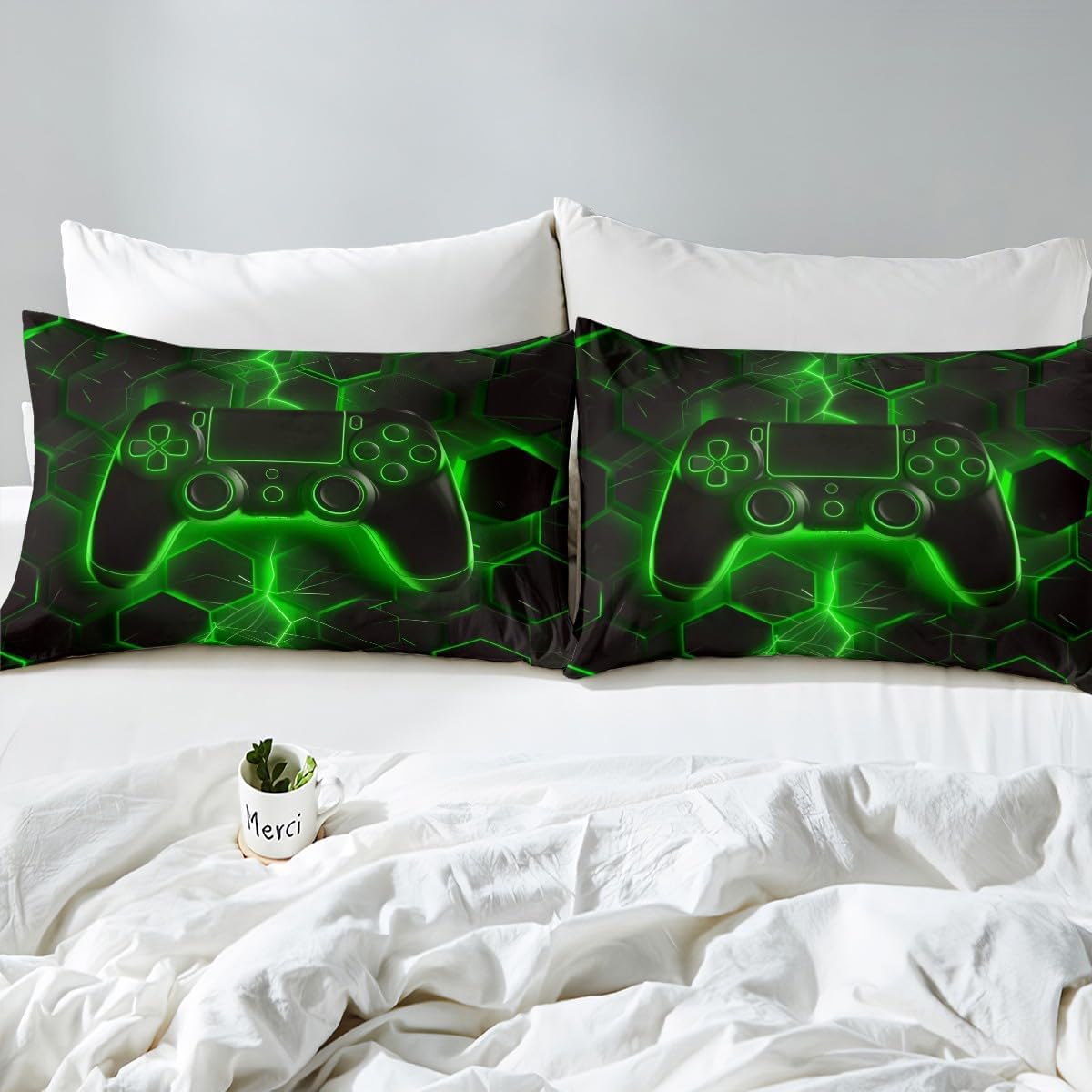 Loussiesd Gaming Duvet Cover Set Honeycomb Gamepad Bedding Set for Kids Boys Teens Tie Dye Lightnings Video Game Comforter Cover Green Gamer Quilt Cover Bedroom Collection 2Pcs Single Size - Image 4