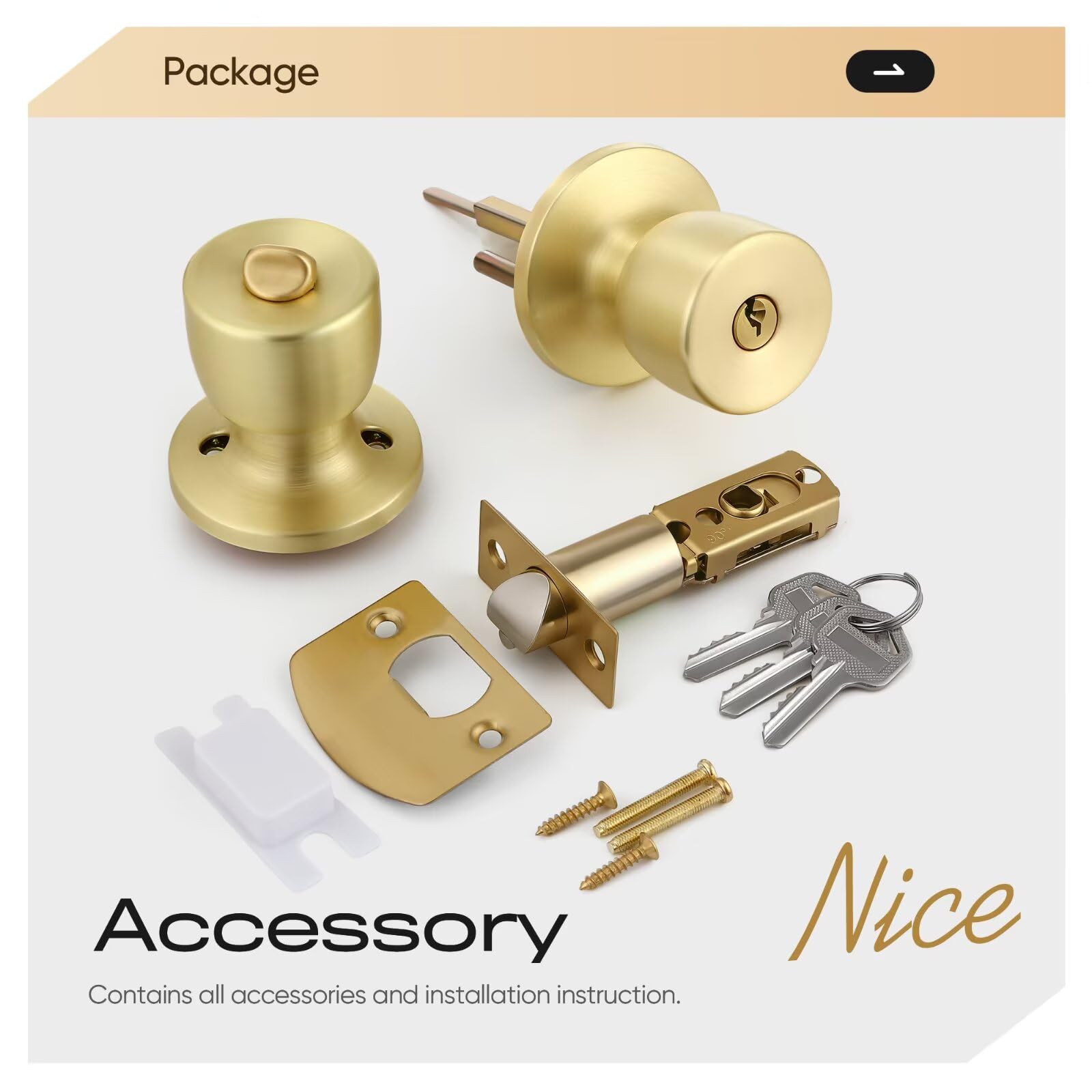 Leydebong Paquete de 5 pomos de puerta de acero inoxidable con cerradura dorada con llaves, respaldo ajustable de 60 a 70 mm para puertas de 35 a 45 mm de grosor, puerta delantera, dormitorio, baño