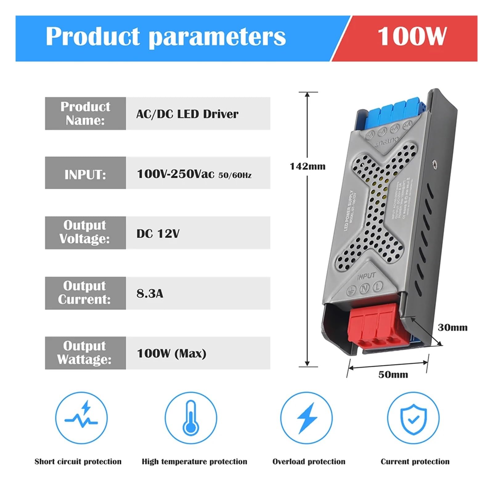 Controlador LED Adaptador de Fuente alimentación LED Ultrafino, Transformador 110-220 V a 12 V/24, 60 W, 100, 200, 300 y 400 for Tiras iluminación CCTV(12V 8.3A 100W)