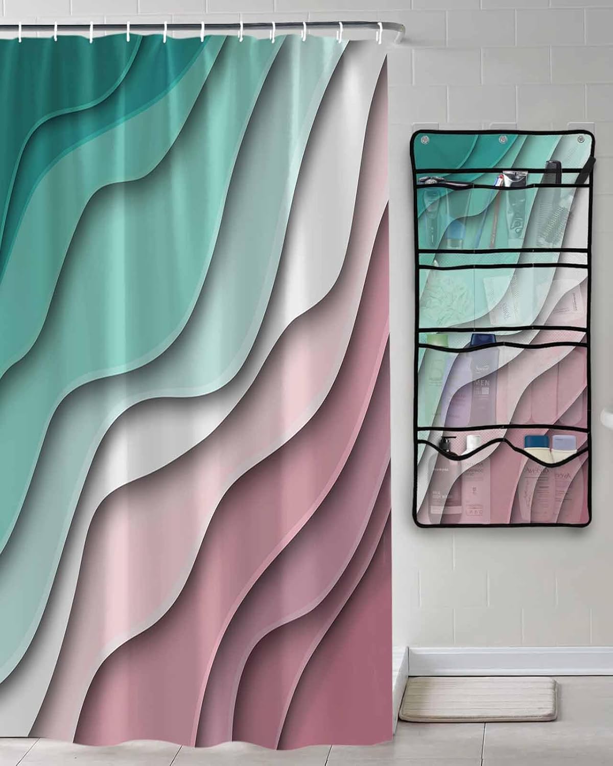 Shower Curtain Mesh Shower Organizer Hanging Set Geometric Abstract Green Pink Gradient Waterproof Shower Curtains with 10 Pockets