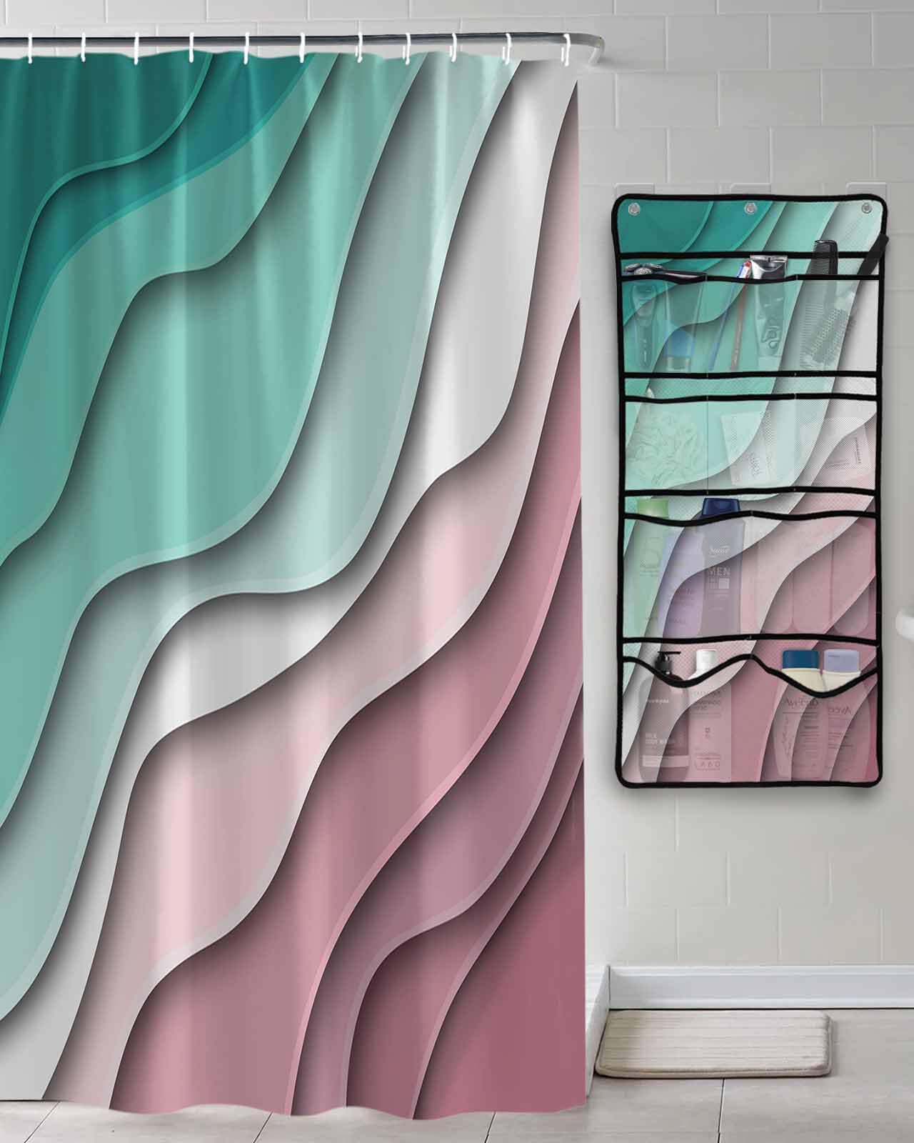 Shower Curtain Mesh Shower Organizer Hanging Set Geometric Abstract Green Pink Gradient Waterproof Shower Curtains with 10 Pockets