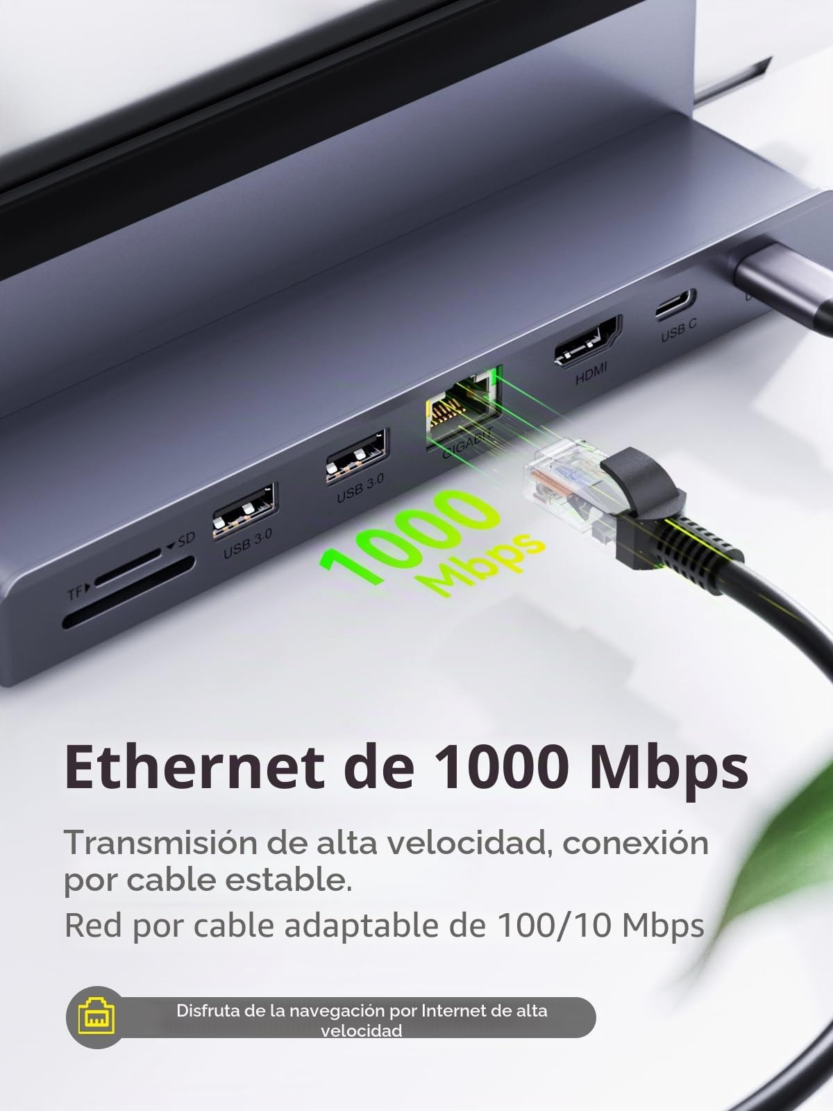 Base de Conexión Portátil para Mac, QUUGE 8 EN 1 USB C Dock con HDMI 2.0 4K 60 Hz, Ethernet RJ45, 2 Puertos USB3.0, 100 W PD, TF/SD 3.0, Base de Conexión de Gestión de Escritorio.